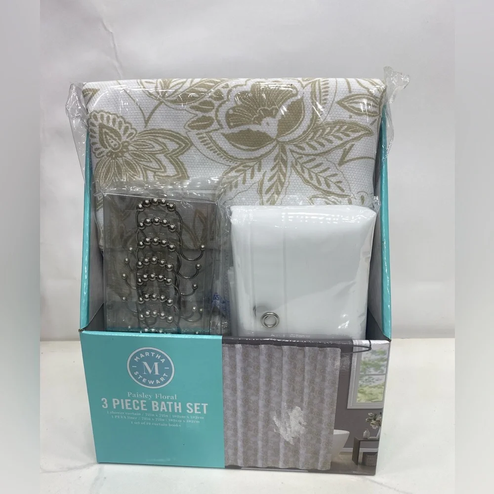 Martha Stewart Paisley Floral 3pc Bath Set Shower Curtain Sage